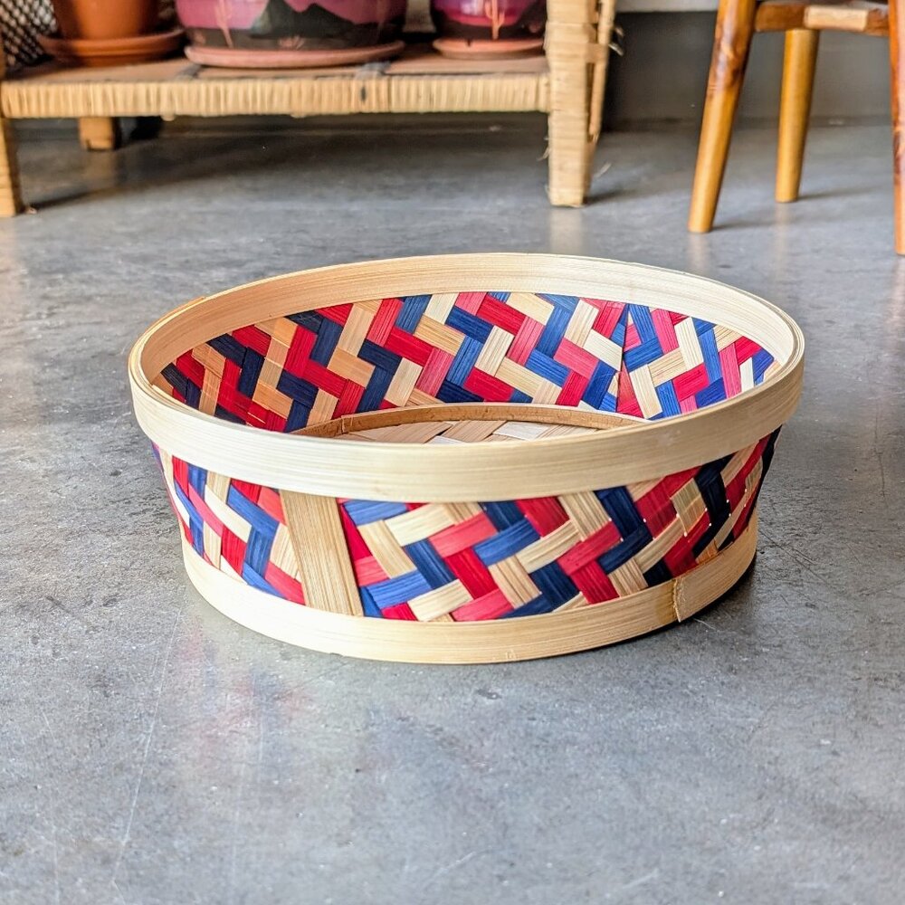 Vintage Wicker Basket Red Blue Tan Woven Round Bowl Boho Cottagecore